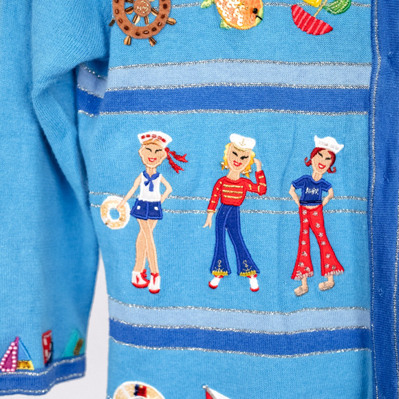 Vintage Jack B Quick Colorful Beaded Embellished Cardigan MEDIUM Nautical Sailor - Picture 5 of 8